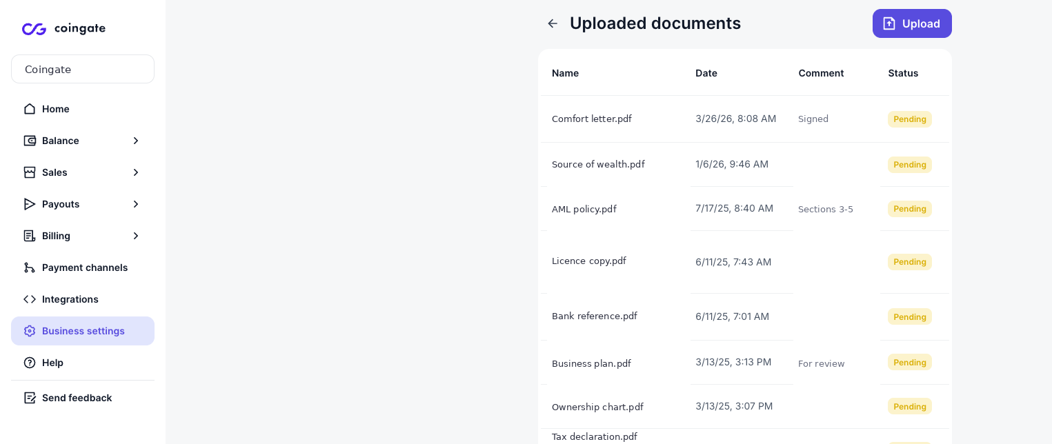 Uploaded documents section in Business settings, showing a list of supporting documents with their status