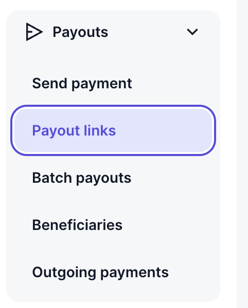 Payouts menu in the CoinGate dashboard with Payout links selected