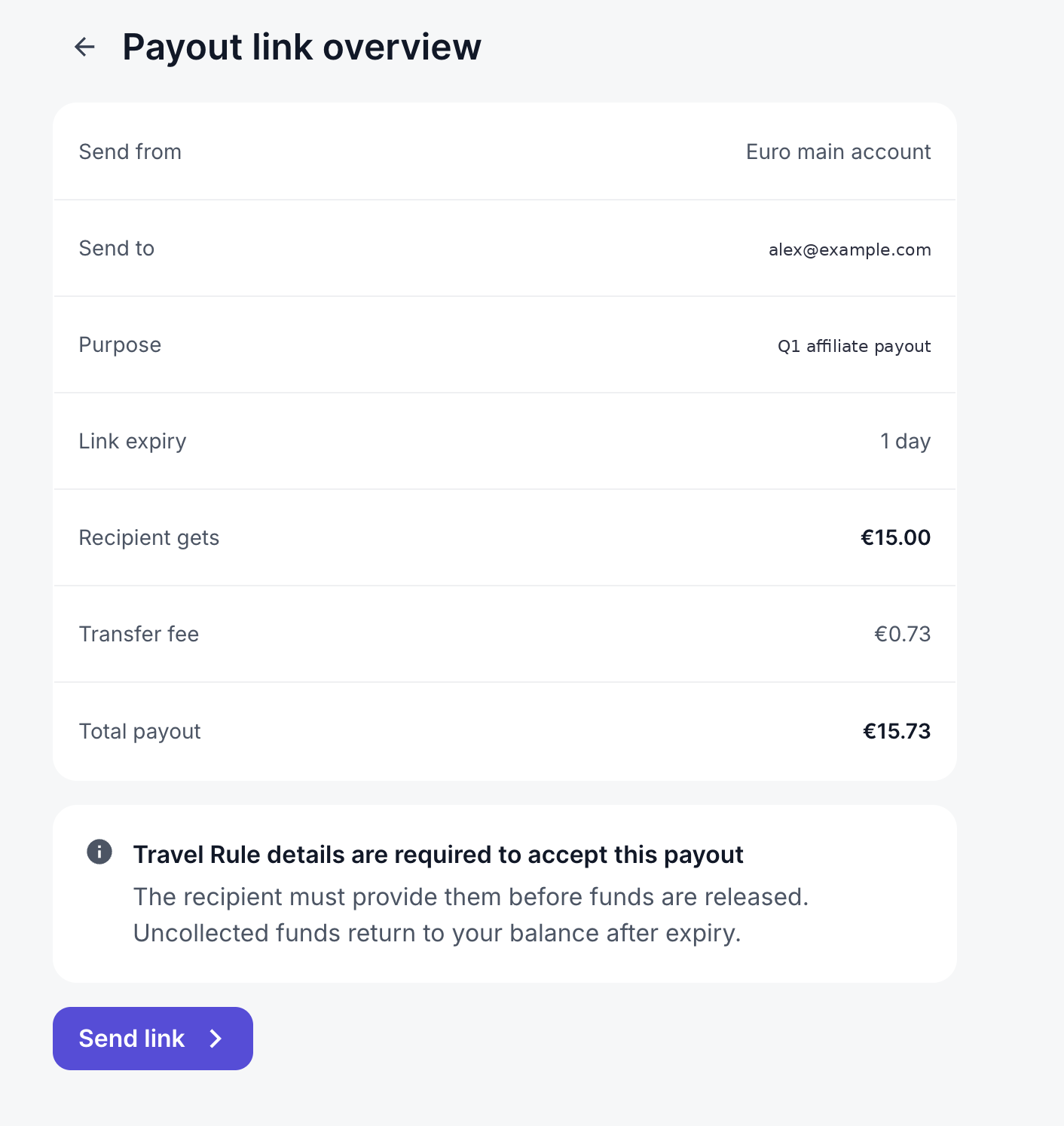 Payout link overview screen summarising the payout before sending