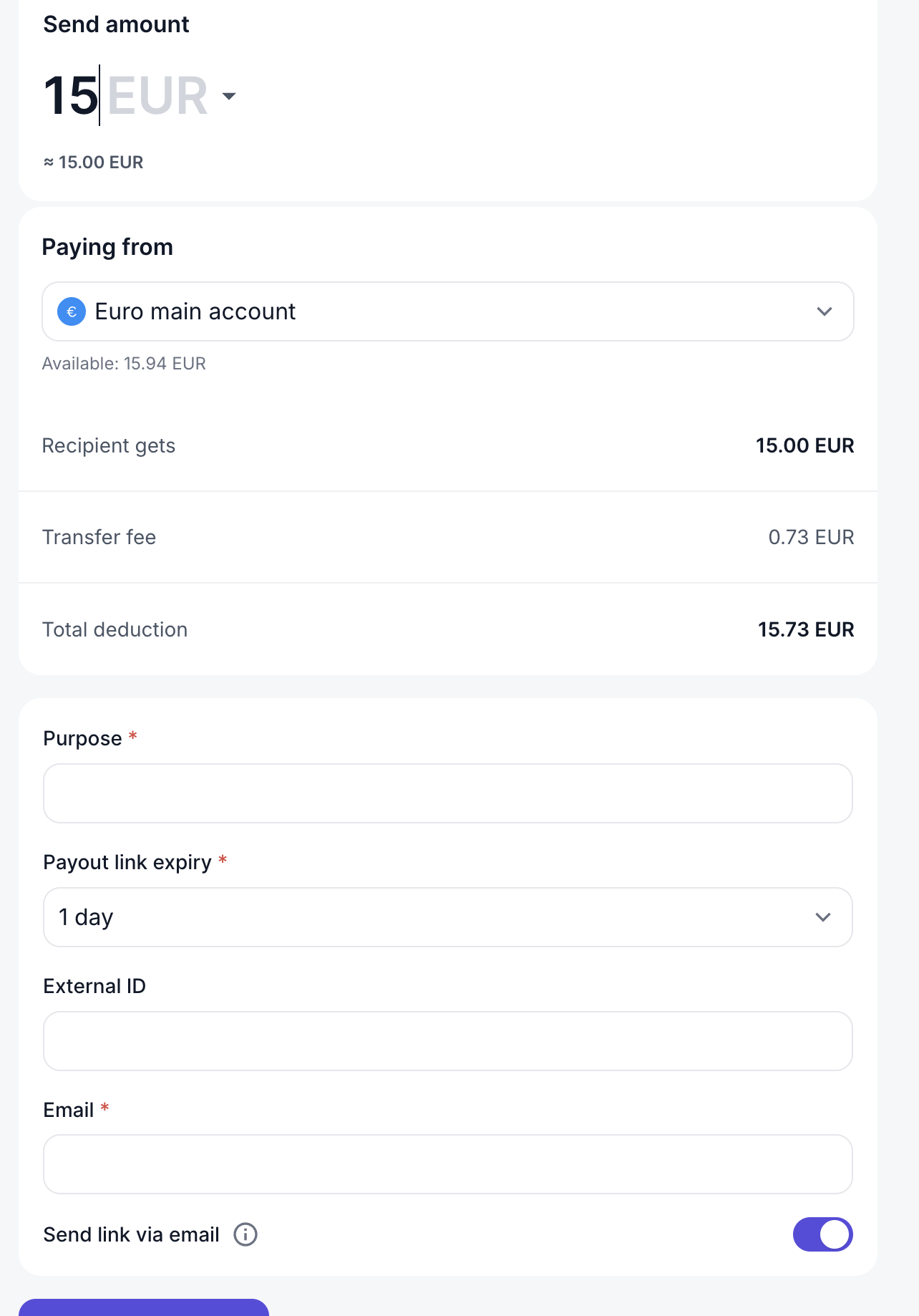 Payout link form showing the send amount, funding balance, what the recipient gets, the transfer fee and the total deduction